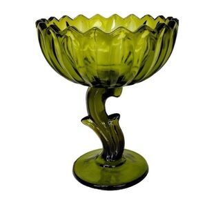 Vintage MCM Lotus Flower Green Glass Compote Candy Dish Pedestal Trinket Bowl